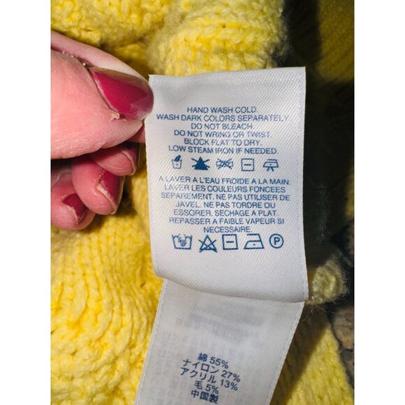 Lands End Yellow Heavy Cable Knit Cowl Neck Sweater Oversized Fisherman Cotton - Picture 9 of 11